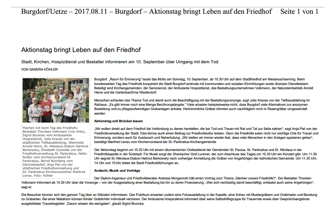 Anzeiger für Burgdorf und Lehrte: Vorankündigung Tag des Friedhofs 2017